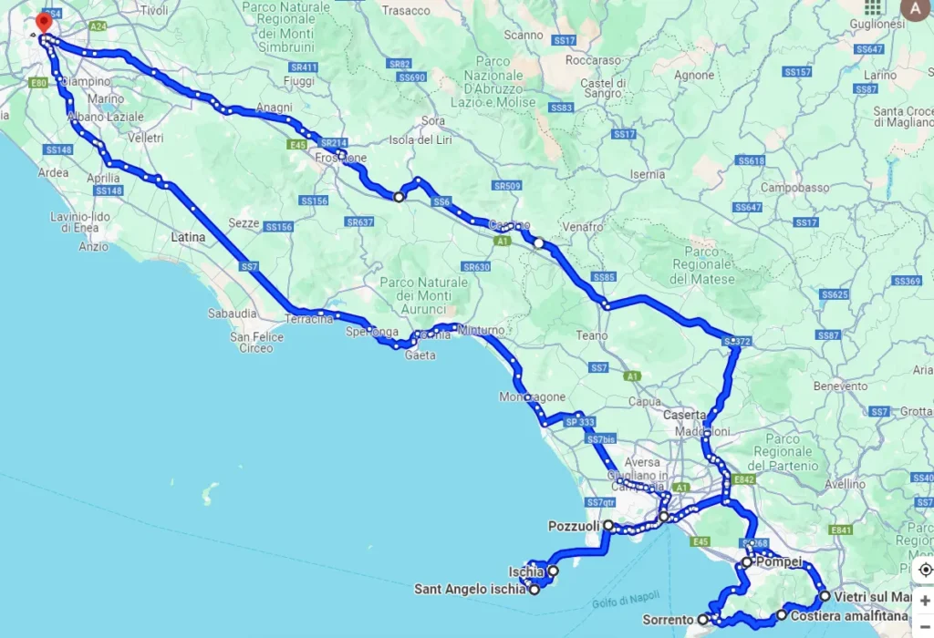 Route outline tour Napoli+Ischia+Costiera amalfitana