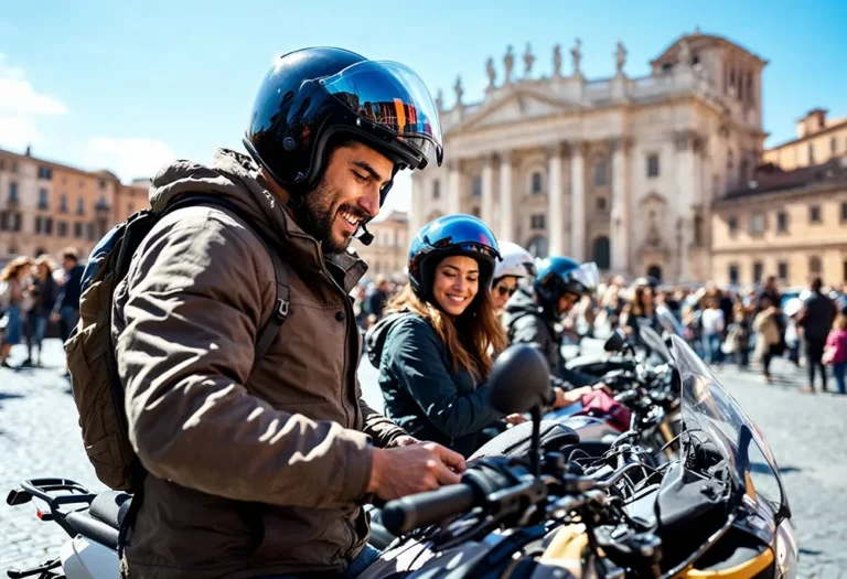 motorcycle tour group preparing to leave Rome