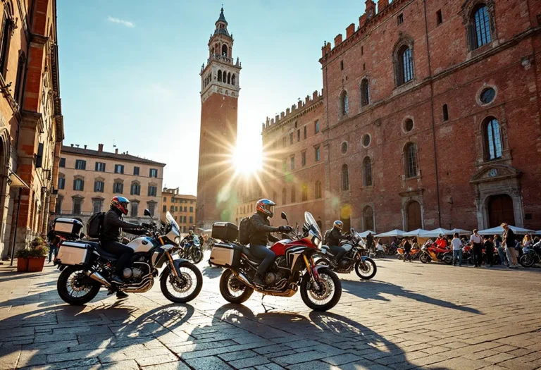 motorcycles with moto team parked in Siena’s famed Piazza del Campo at sunrise copy