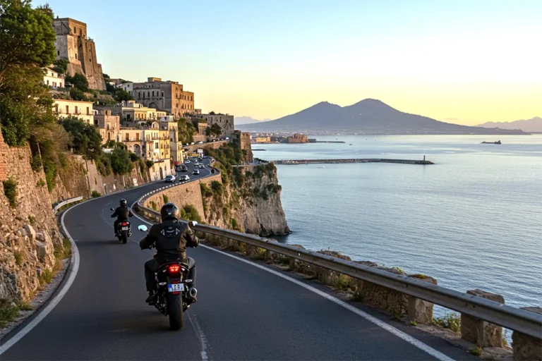 motorcycles cruising past cliffs overlooking the Tyrrhenian Sea