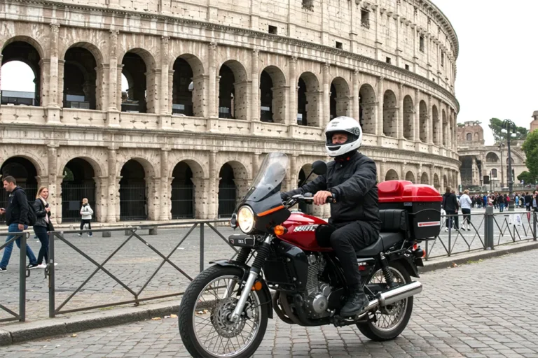 rider on a motorcycle near the Roman Colosseum