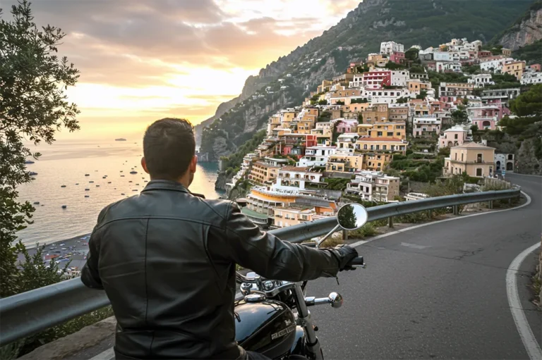 rider on a motorcycle rides along the Amalfi Coast