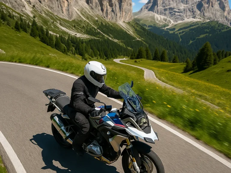 Italy Moto Tours Aerial shot of a rider on a BMW R1250 GS navigating a winding mountain road amid lush green meadows and Dolomite peaks under clear blue skies.