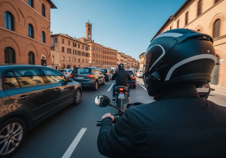Italy Moto Tours Helmet camera view of a motorcycle rider filtering between cars during heavy traffic in the historic center of Siena, Italy