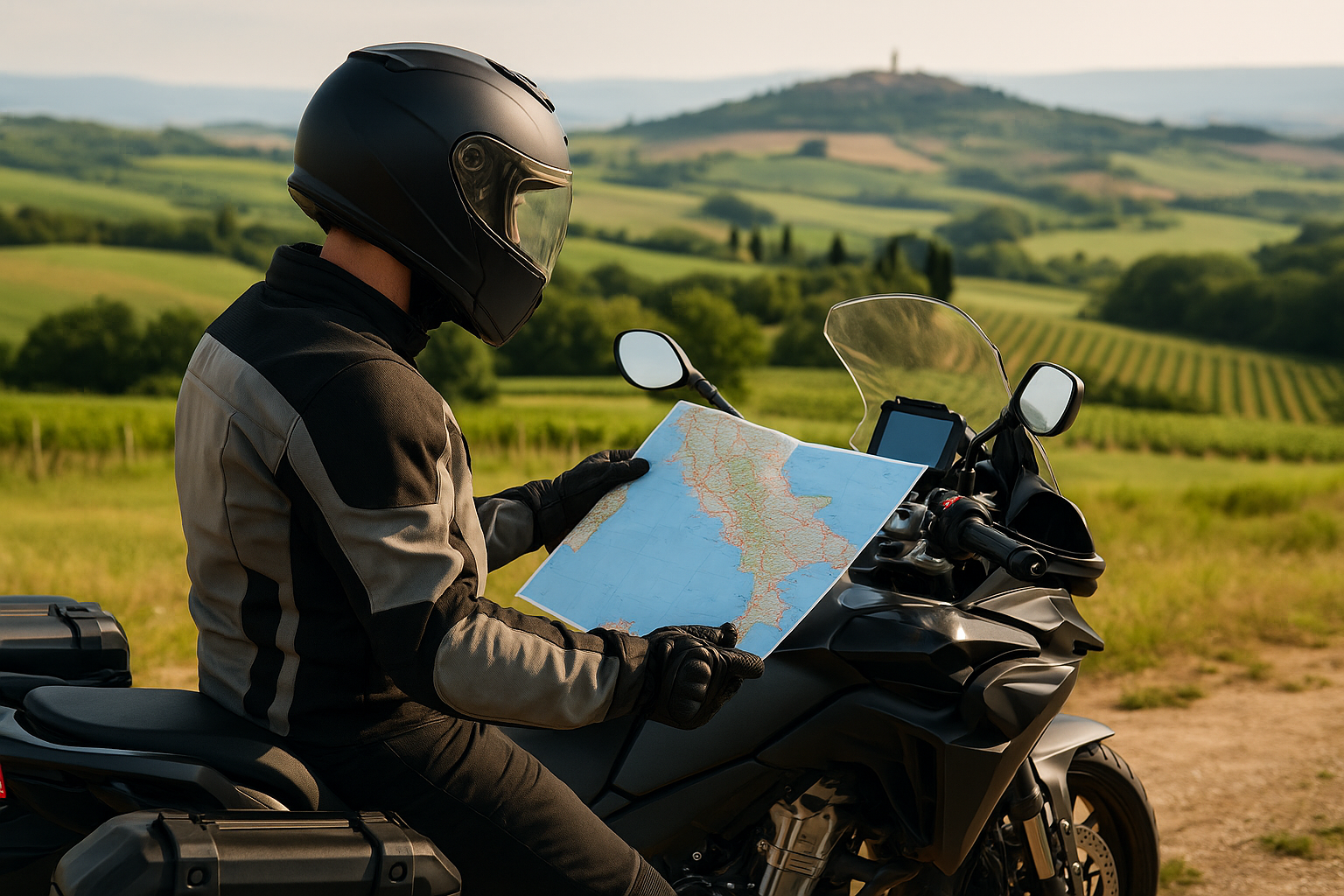 A biker on a modern motorcycle studying a map of Italy against a backdrop of Tuscan countryside