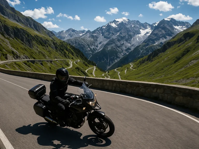 Italy Moto Tours Close-up of a motorcycle tank bag with water bottle, energy bars and riding gloves, Dolomite peaks softly blurred behind.