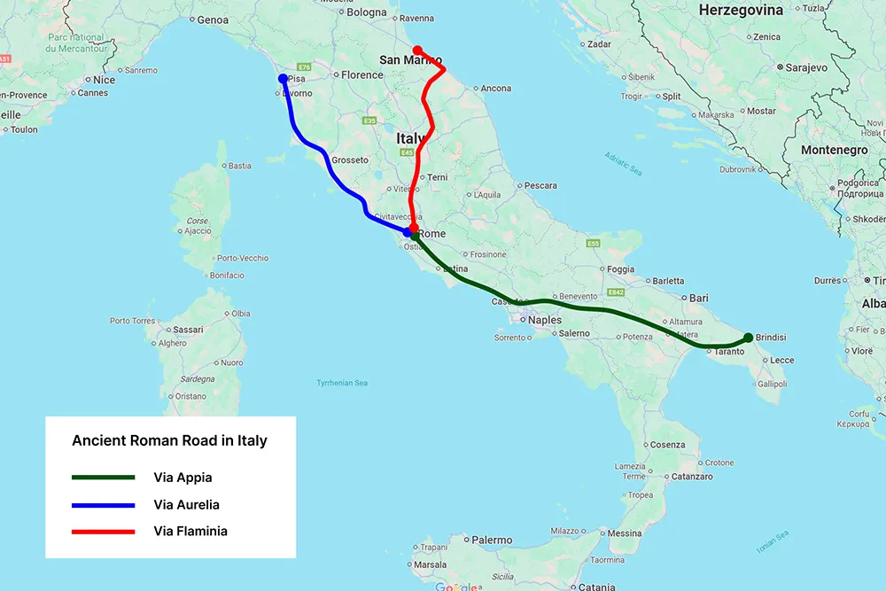 Modern map of Italy highlighting three ancient Roman routes—Via Appia (green), Via Aurelia (blue) and Via Flaminia (red)