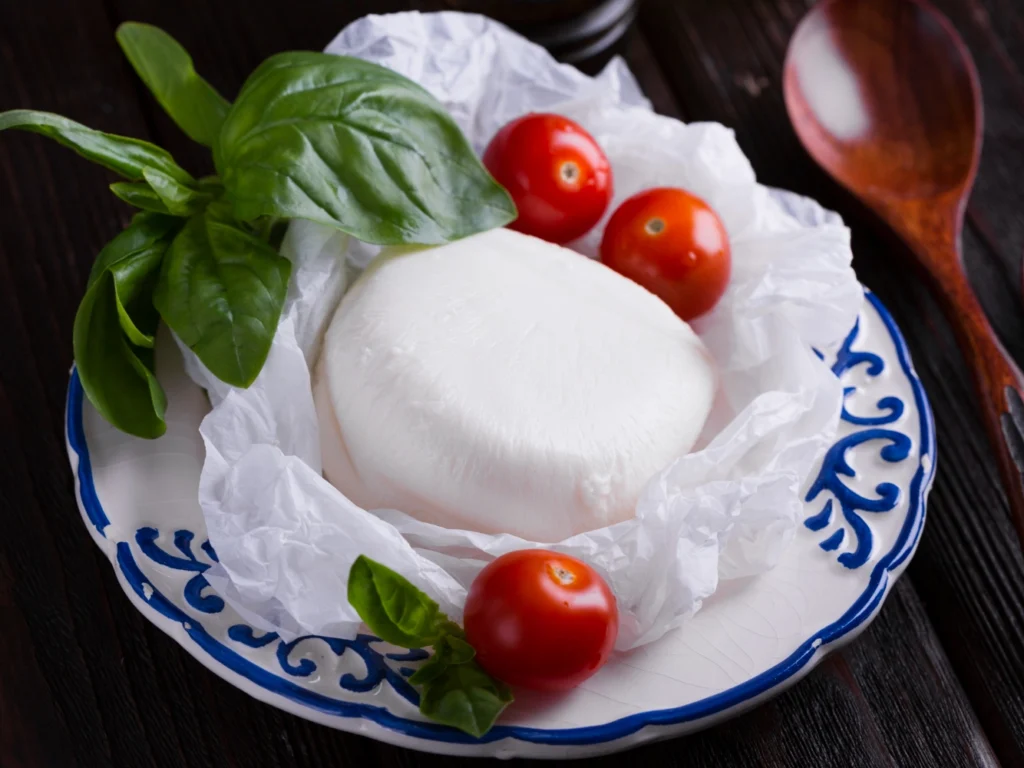 Italy Moto Tours Fresh mozzarella di bufala on paper with basil sprigs and cherry tomatoes on a decorative plate.