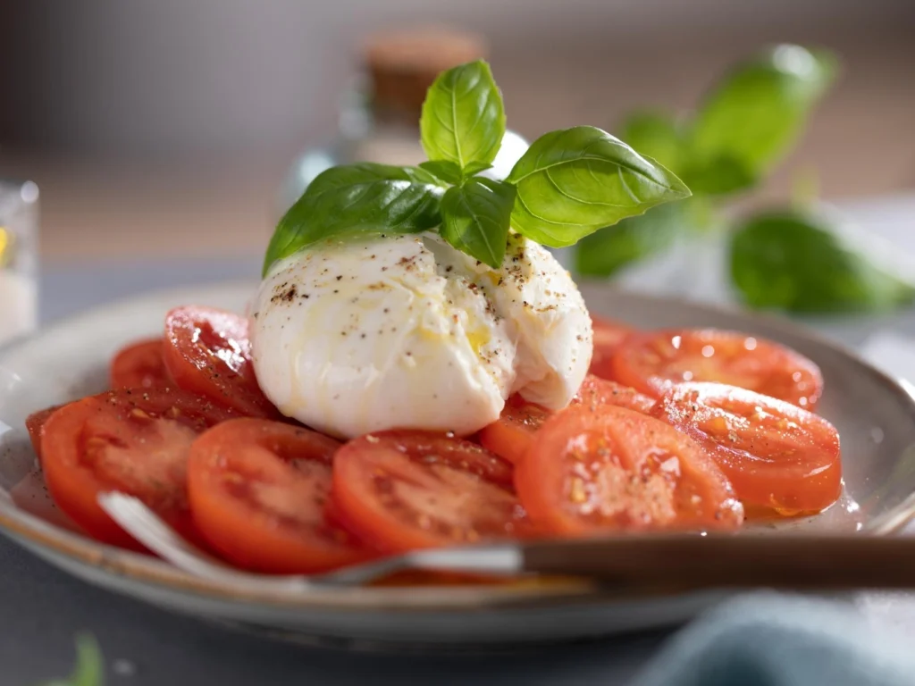 Italy Moto Tours Whole burrata set on sliced tomatoes, drizzled with olive oil and black pepper, topped with fresh basil leaves.