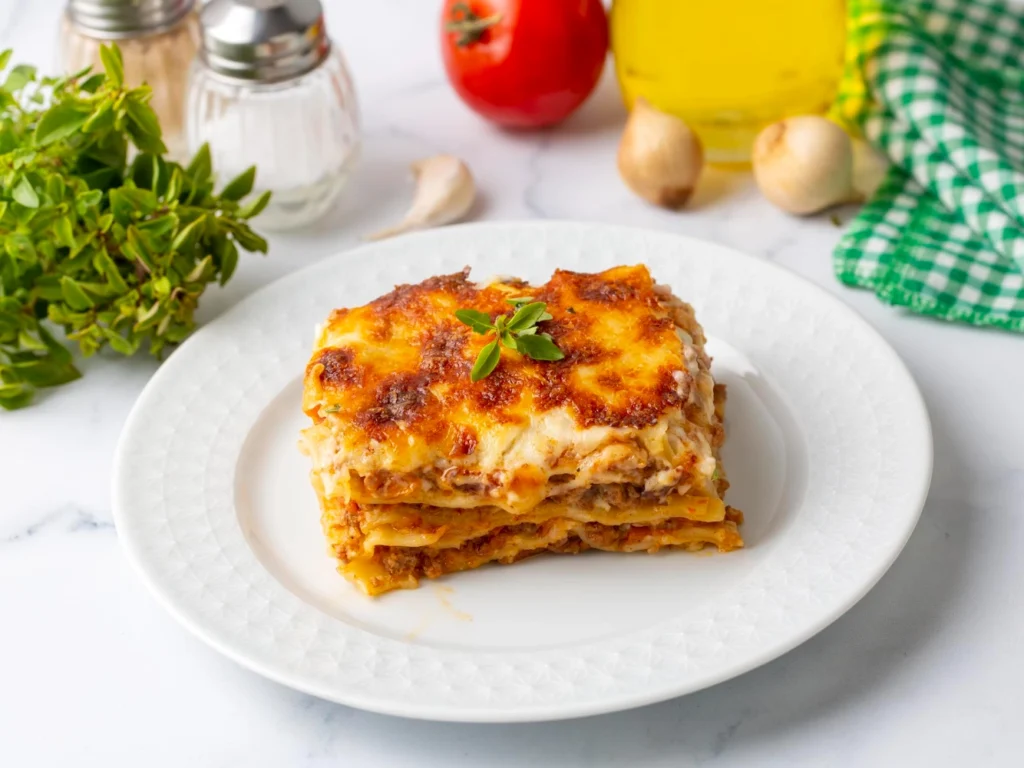 Italy Moto Tours Golden-browned slice of baked lasagna topped with basil on a white plate; herbs, tomato and garlic in the background.
