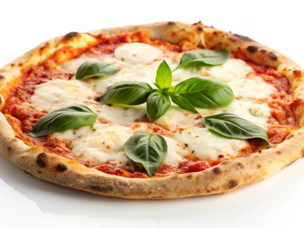 Italy Moto Tours Wood-fired Margherita pizza with tomato sauce, melted mozzarella and fresh basil leaves.