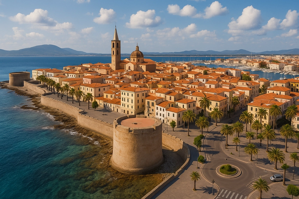 Italy Moto Tours Aerial view of Alghero’s old town with medieval sea walls, palm-lined promenade and harbor on the Sardinian coast, Italy.