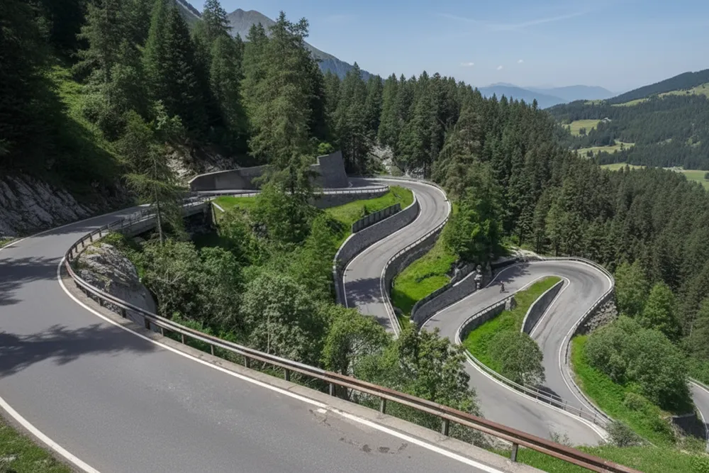 Italy Moto Tours Curvy alpine road with multiple hairpin bends and pine forest on Switzerland’s Bernina Pass