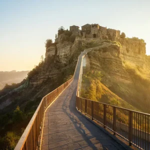 Hilltop Civita di Bagnoregio in Tuscia, Lazio, Italy—medieval village reached by a dramatic footbridge.