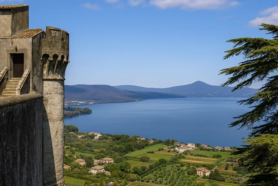 Italy Moto Tours Stone bastion of Castello Orsini-Odescalchi overlooking Lake Bracciano with fields below and Monte Rocca Romana under a clear blue sky.