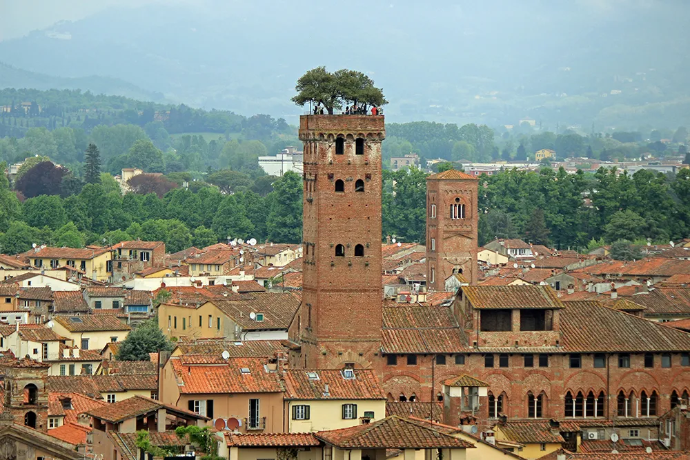 Italy Moto Tours Red-brick Guinigi Tower crowned with oak trees rising over the terracotta roofs of Lucca, Tuscany