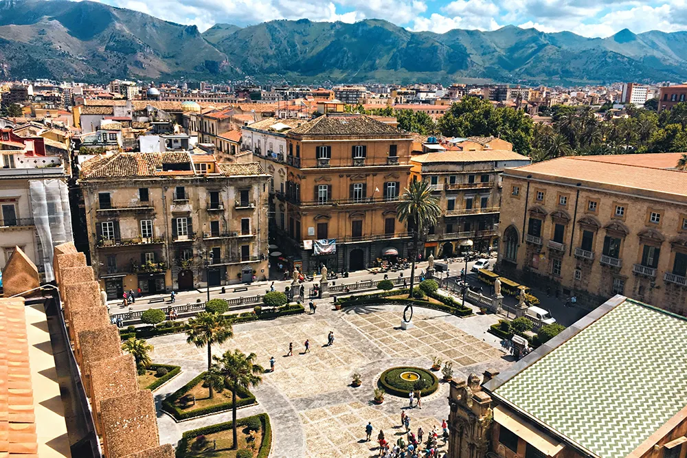 Italy Moto Tours Palermo cityscape and historic square, Sicily