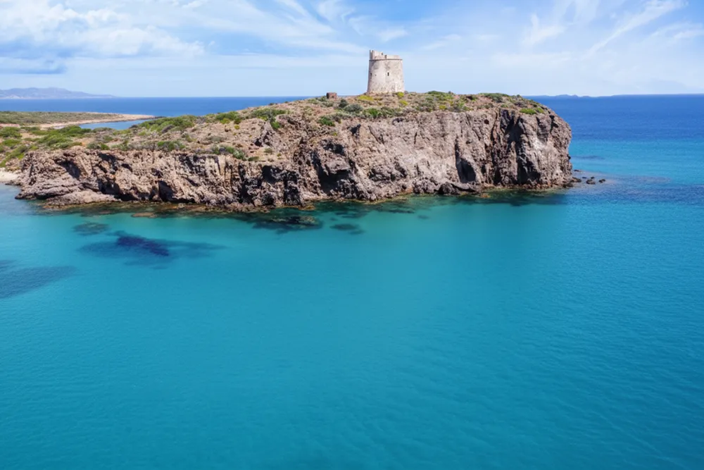 Italy Moto Tours Ancient stone watchtower on a rocky islet surrounded by vivid turquoise sea near Sant’Antioco, Sardinia