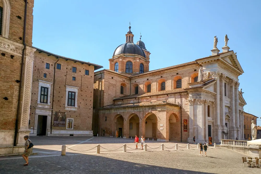 Italy Moto Tours Urbino Cathedral with Renaissance façades in the historic center of Urbino, Marche, Italy