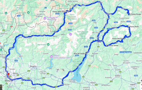 Map of the alps motorcycle tour route supplied by Italy Moto Tours.