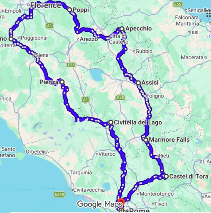 Map of the heart motorcycle tour route supplied by Italy Moto Tours.