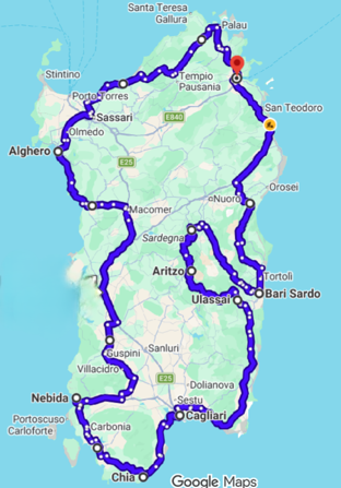 Map of the sardinia motorcycle tour route supplied by Italy Moto Tours.