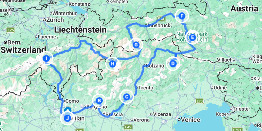 Map of the The Three-Nation Alpine Grand Tour motorcycle tour supplied by Italy Moto Tours.
