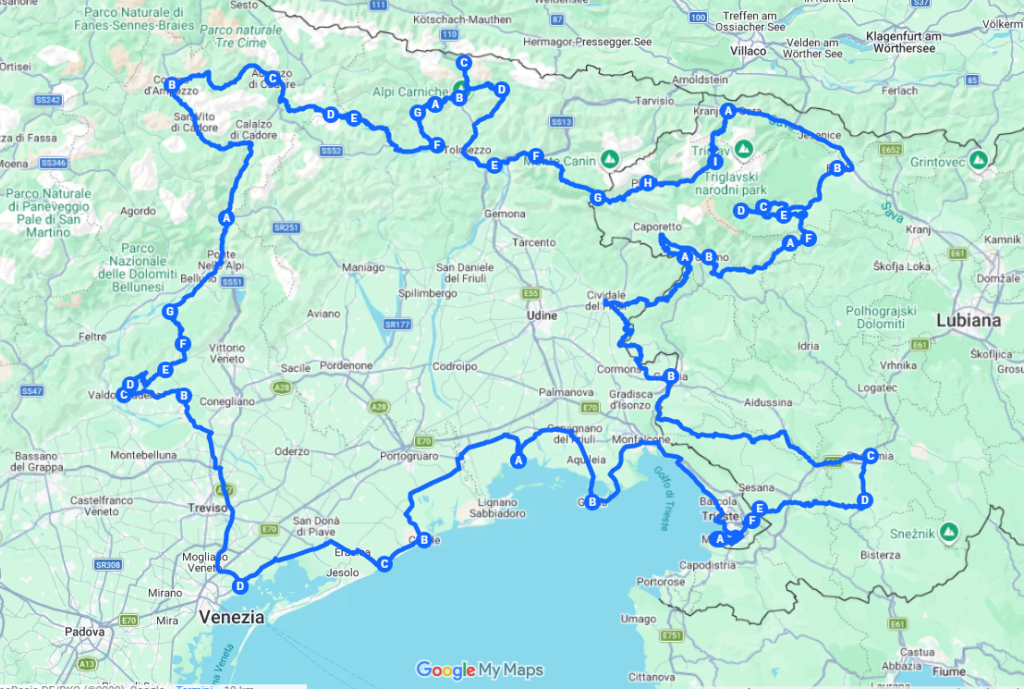 Map of the Venice-Prosecco Hills and the emerald Slovenia motorcycle tour supplied by Italy Moto Tours.