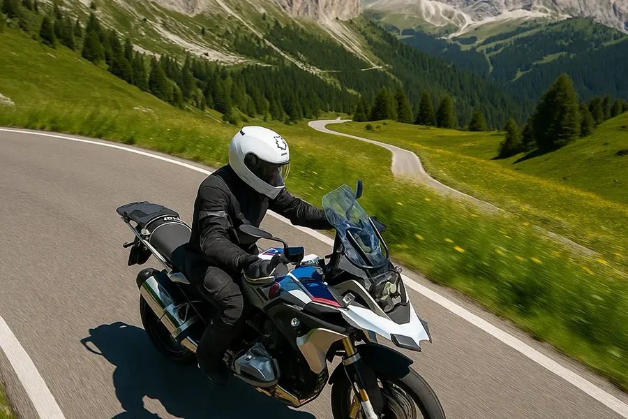 Aerial shot of a rider on a BMW R1250 GS navigating a winding mountain road amid lush green meadows and Dolomite peaks under clear blue skies.