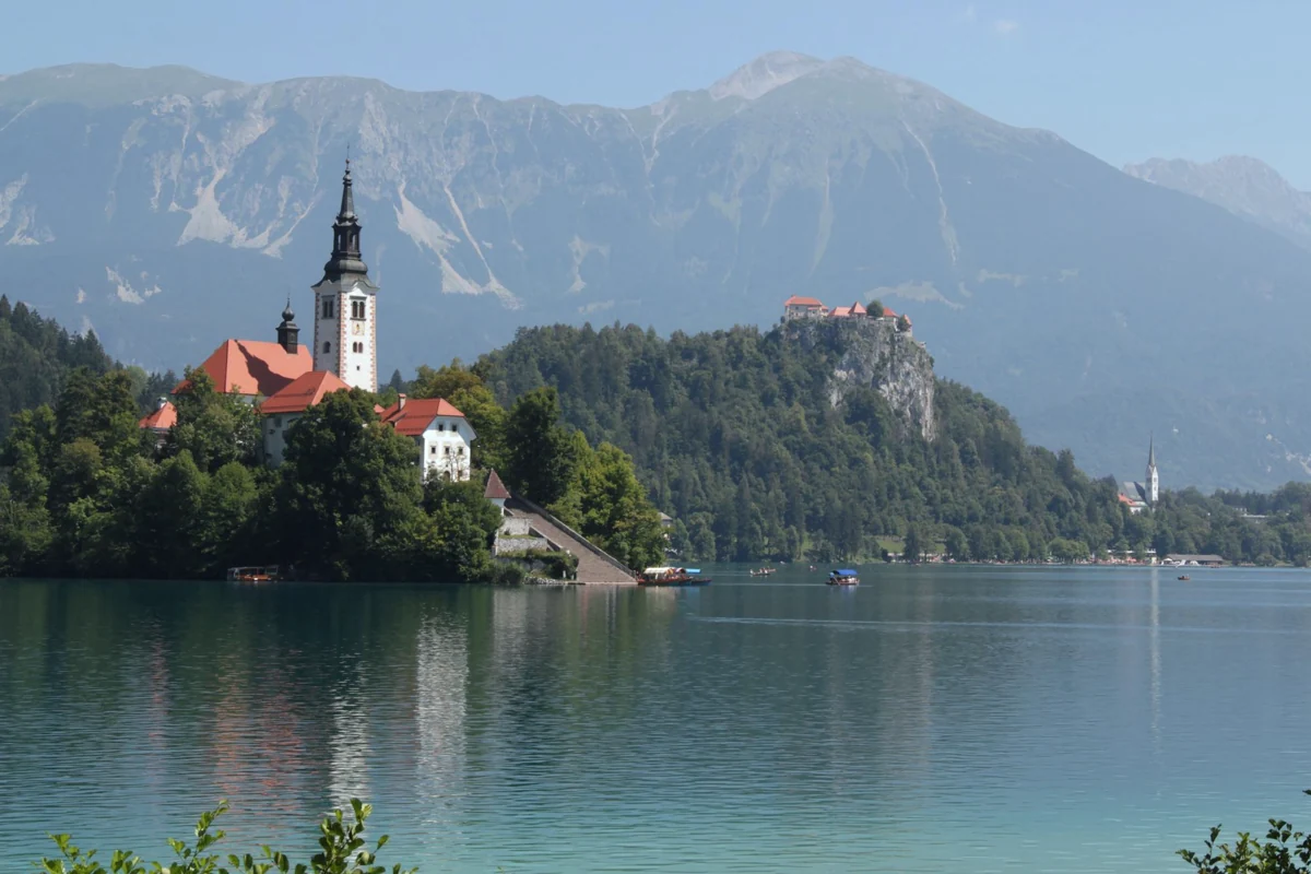 The island church and cliff-top castle at Lake Bled, Slovenia.