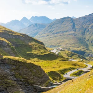 A winding alpine road and mountain valley along the Grossglockner High Alpine Road in Austria.