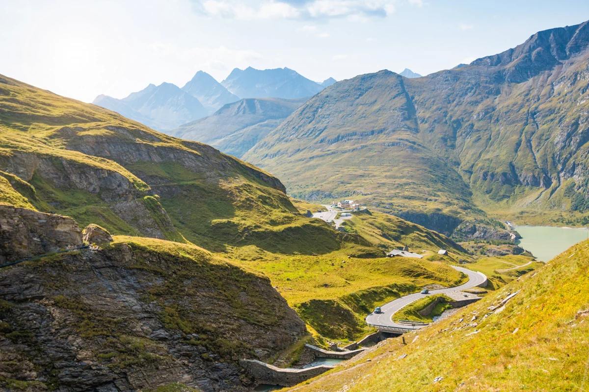 A winding alpine road and mountain valley along the Grossglockner High Alpine Road in Austria.