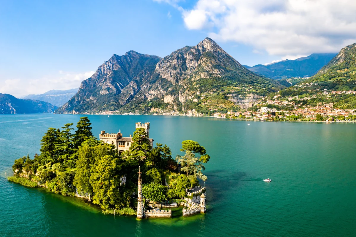 Loreto Island and its castle surrounded by Lake Iseo and the mountains of northern Italy.