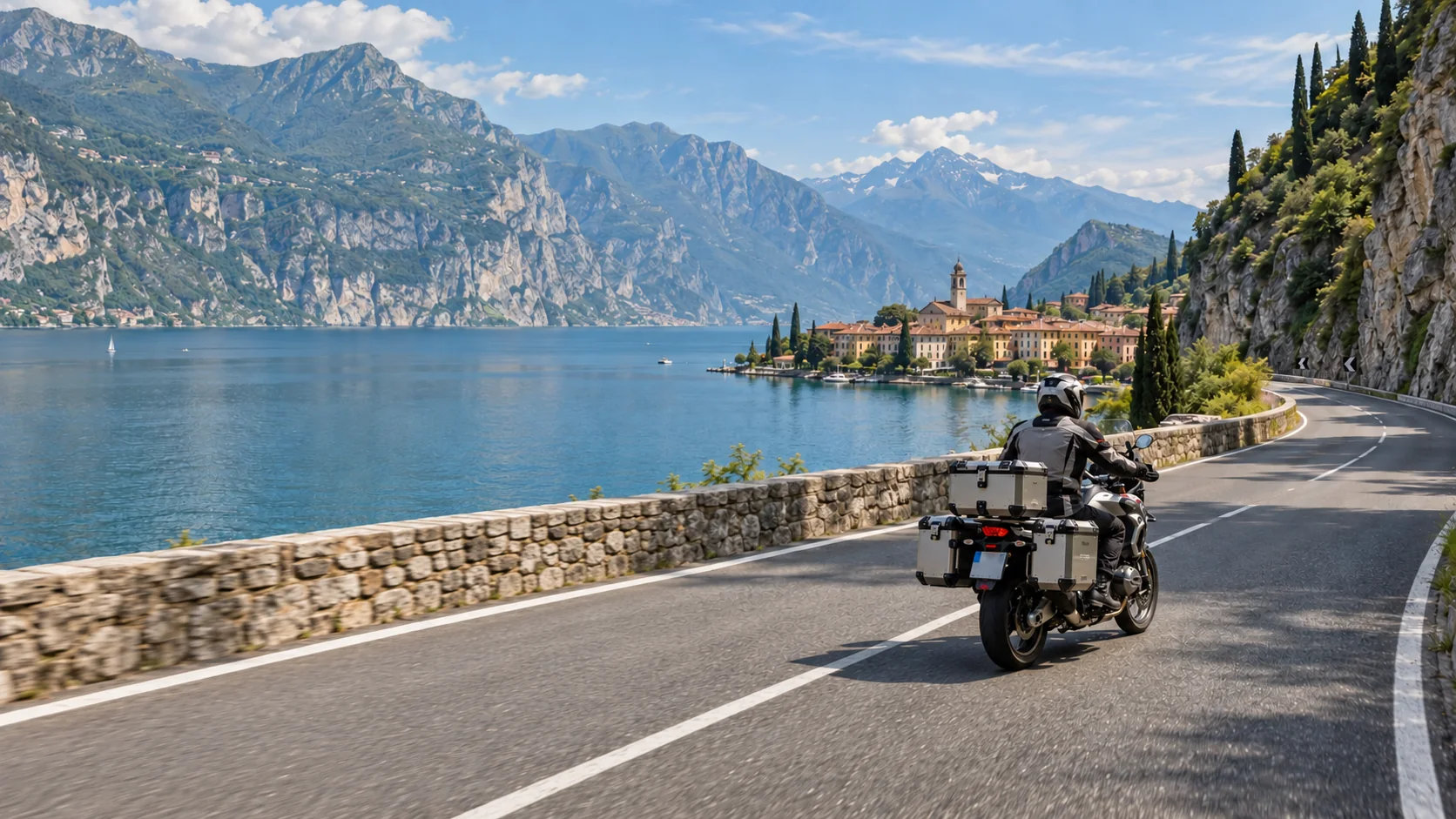 Motorcyclist riding in the right-hand lane beside a lake with mountains and a village ahead.