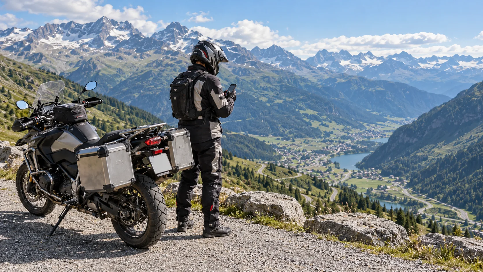 Motorcyclist checking a phone beside a parked touring motorcycle overlooking an Alpine valley.