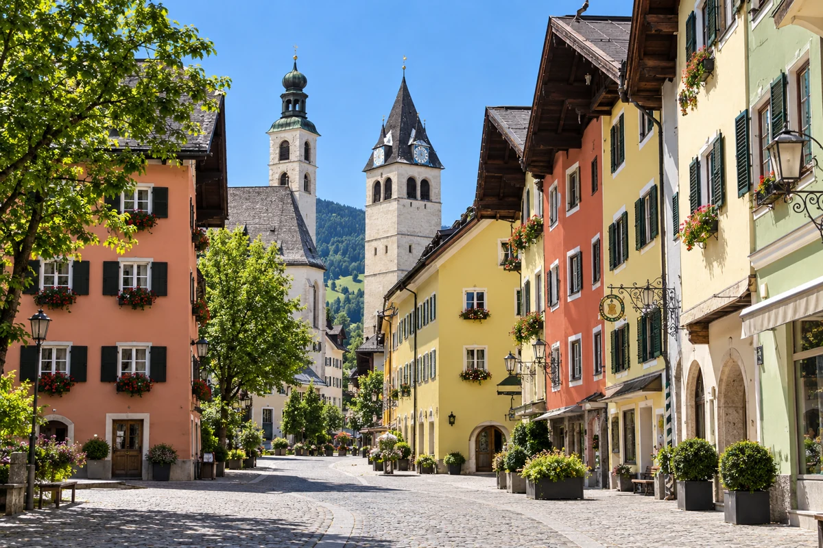 Pastel Tyrolean buildings and two church towers along a sunlit street in Kitzbühel.
