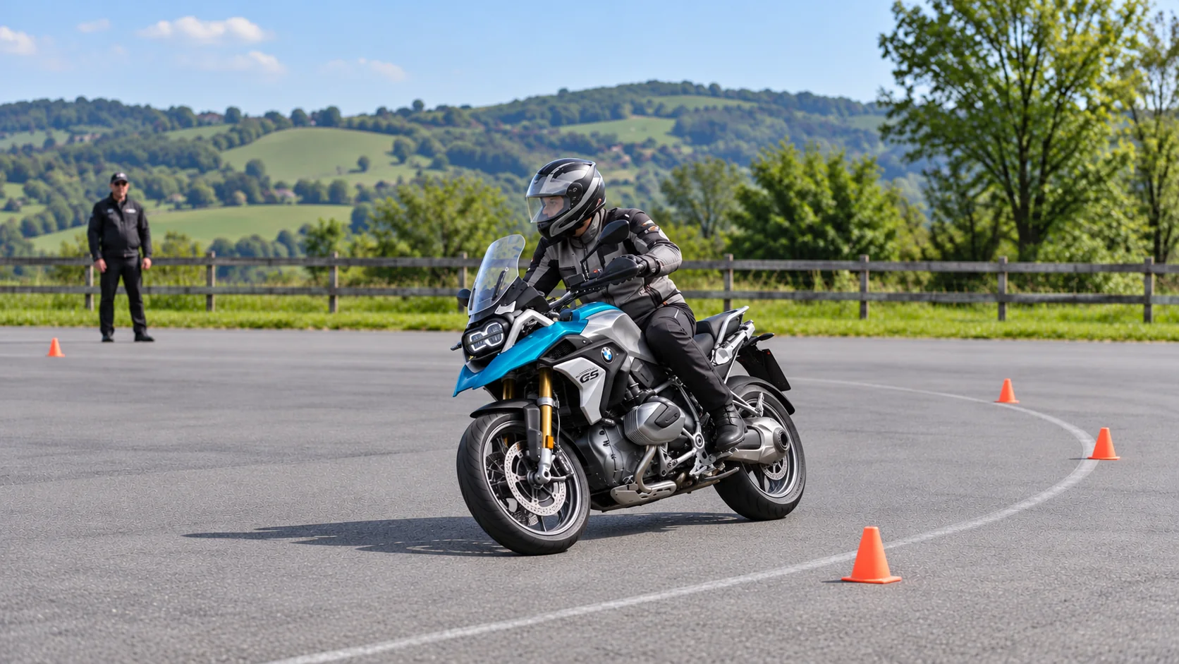Italy Moto Tours Front-left view of a rider leaning a blue and silver BMW R1250GS through a cone-marked practice curve.