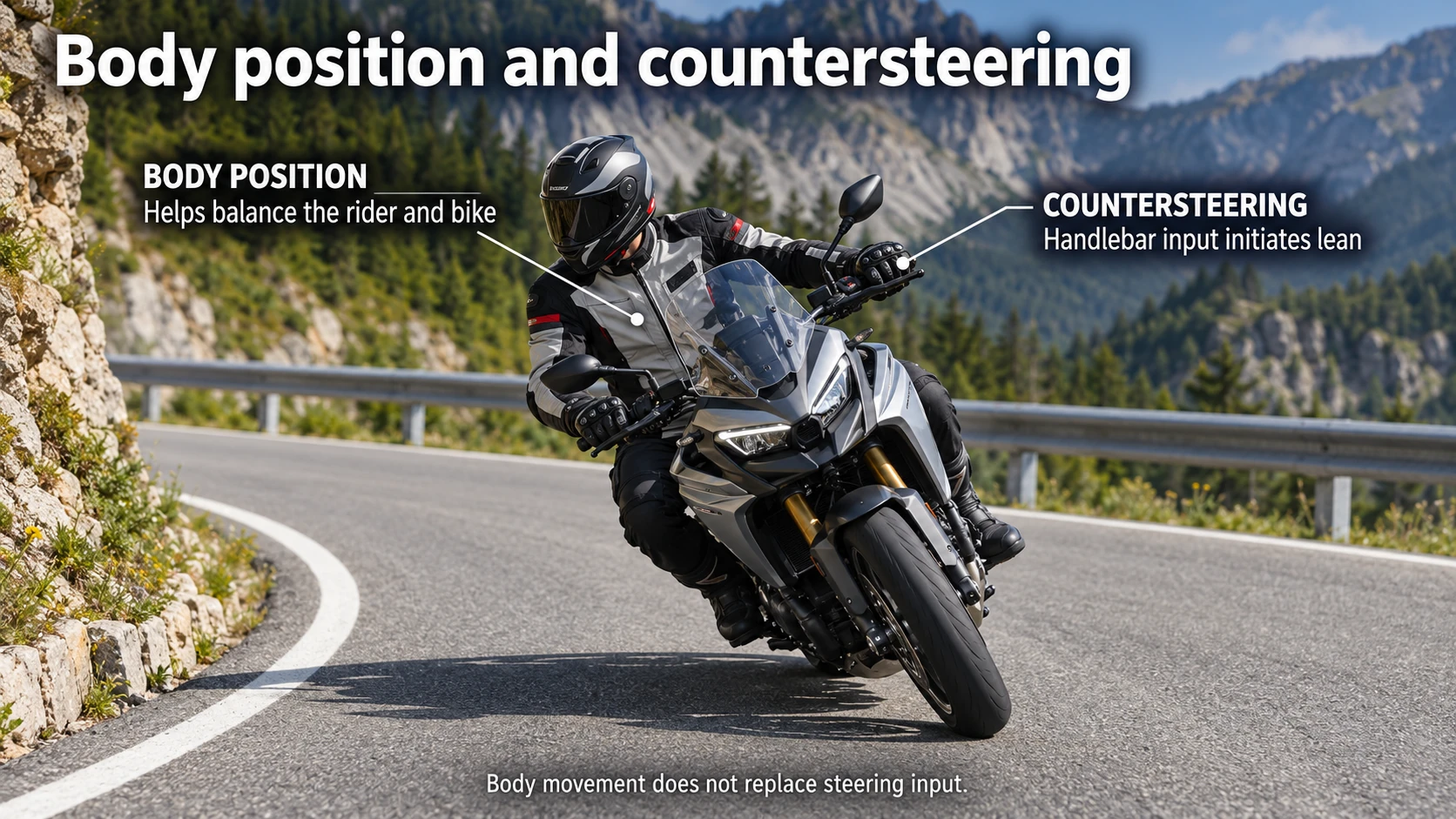 Italy Moto Tours Motorcyclist in a bend with labels explaining body balance and handlebar input to initiate lean.