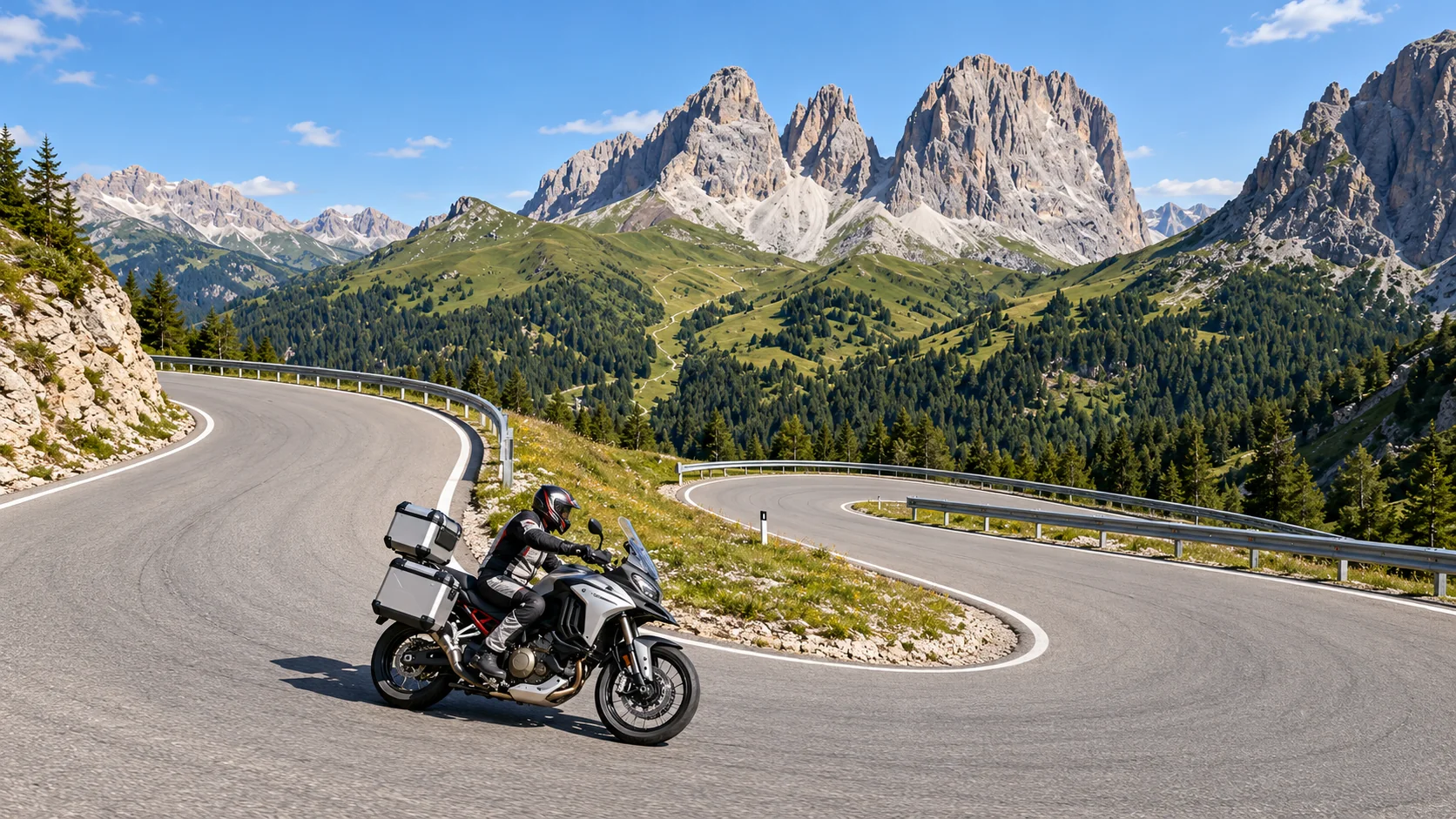 Italy Moto Tours Motorcyclist riding a silver touring motorcycle through a mountain hairpin beneath pale Alpine peaks.