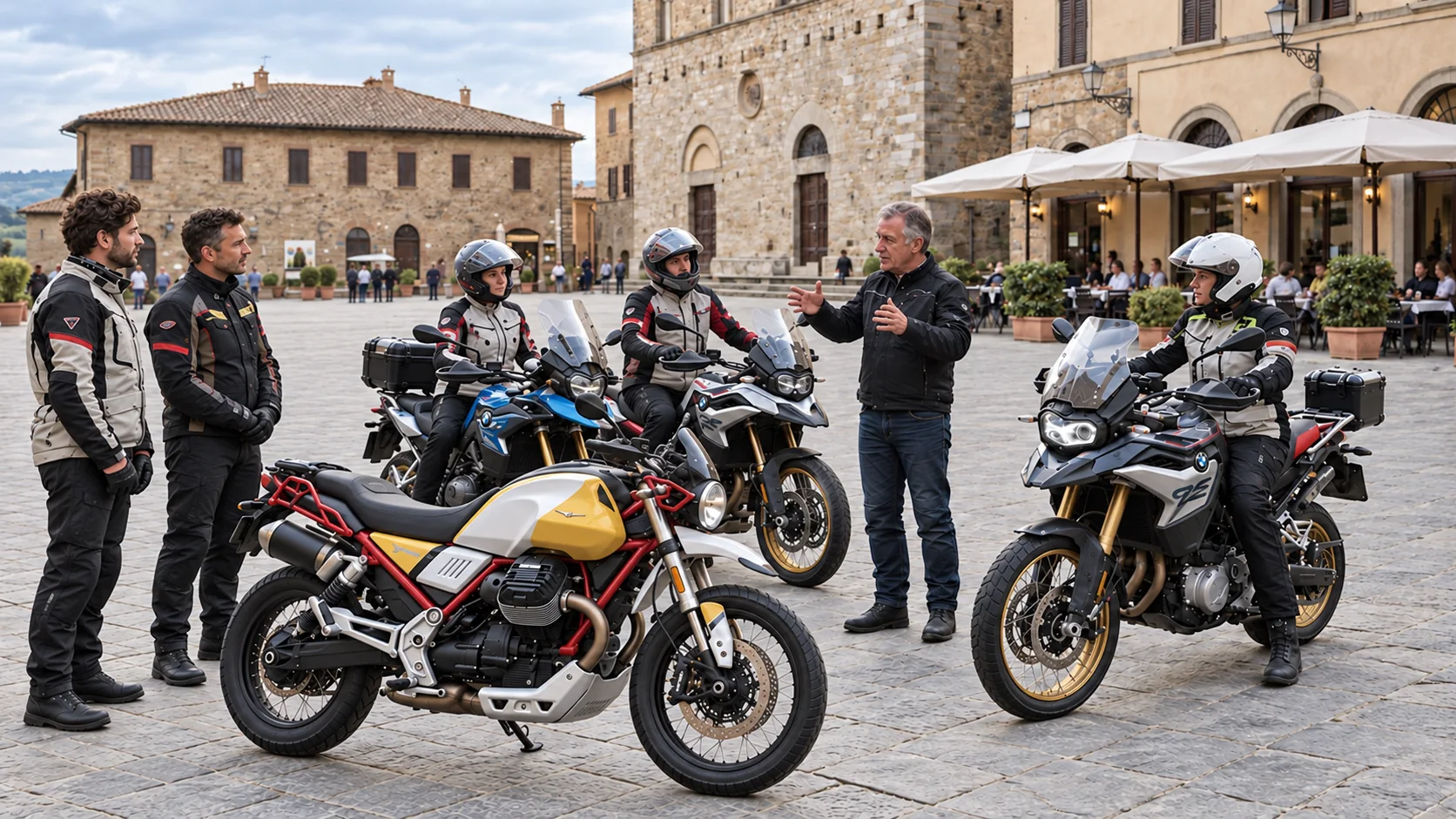 Guide explaining hand signals to riders beside parked motorcycles in an Italian village square.