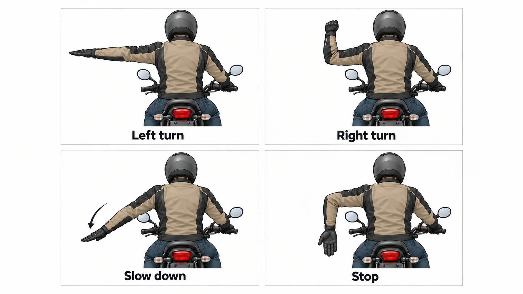 Rear-view reference showing left turn, right turn, slow down and stop motorcycle hand signals.