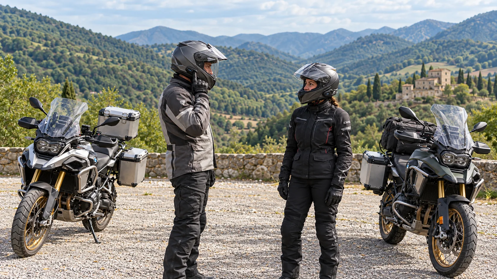 Two motorcyclists checking helmet intercoms beside parked touring motorcycles.
