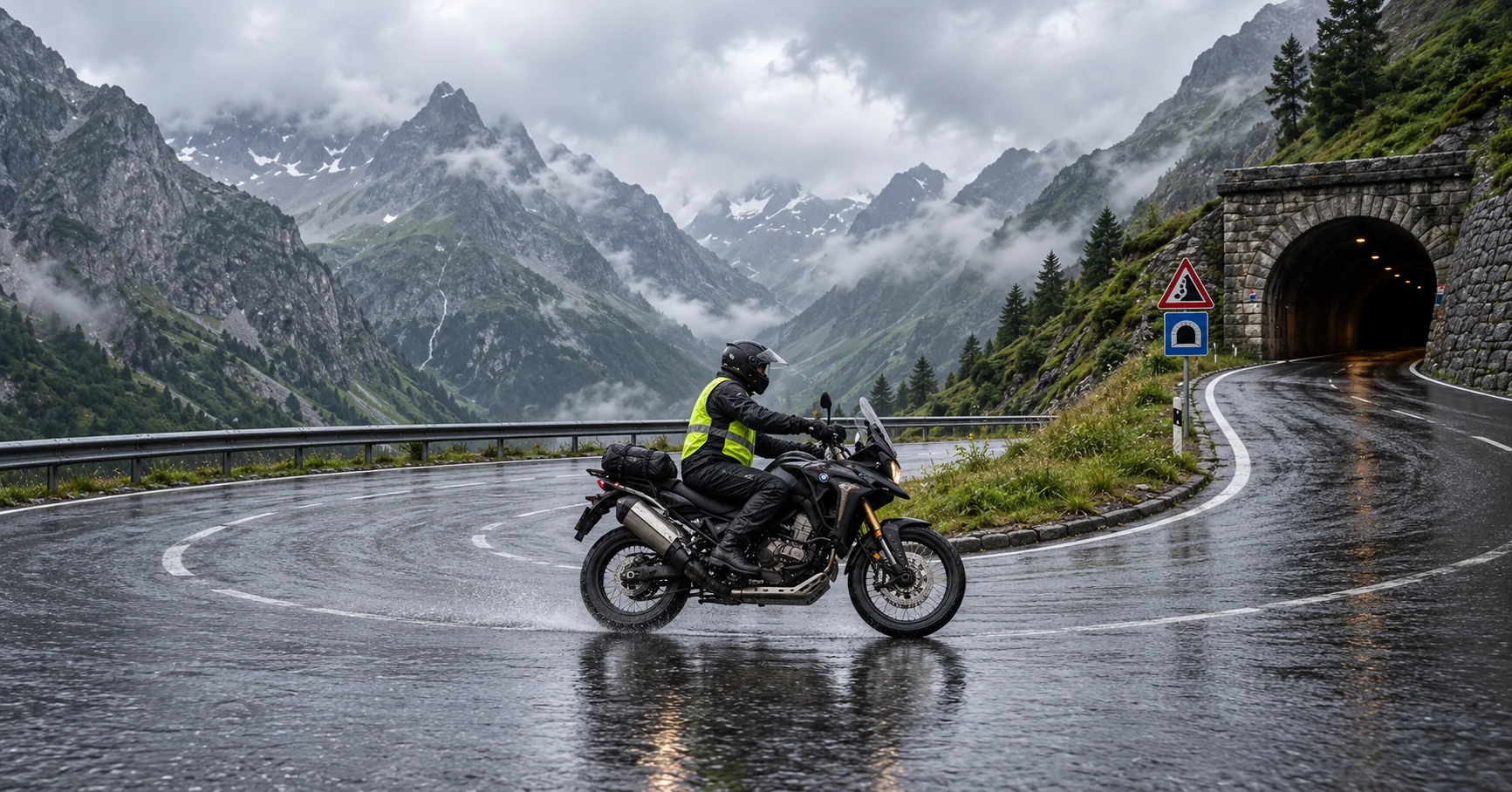 Motorcyclist in a reflective vest riding on a wet Alpine hairpin toward a stone tunnel.
