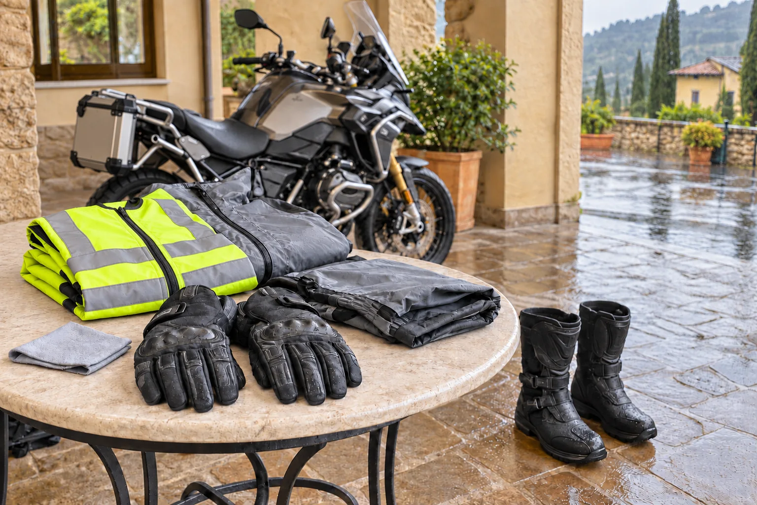 Reflective yellow vest, waterproof motorcycle gloves, boots and rain layers in a covered courtyard.