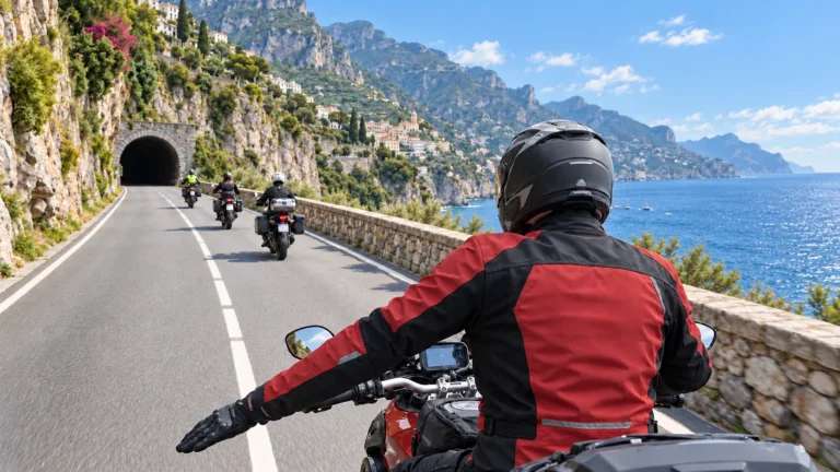 Motorcyclist giving a lowered left-arm slow-down signal while following a group on a sunny Italian coastal road.
