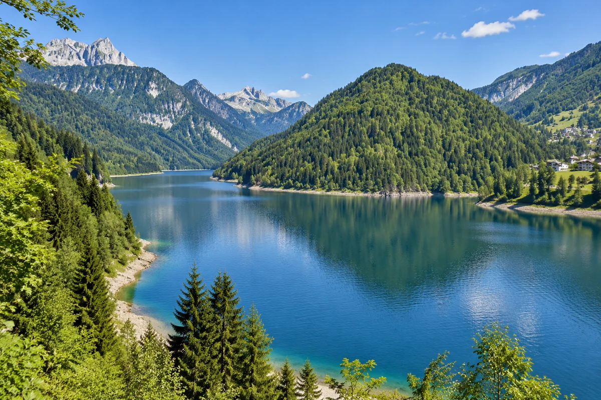 A blue alpine lake surrounded by forested slopes and limestone peaks in the Carnic Alps.