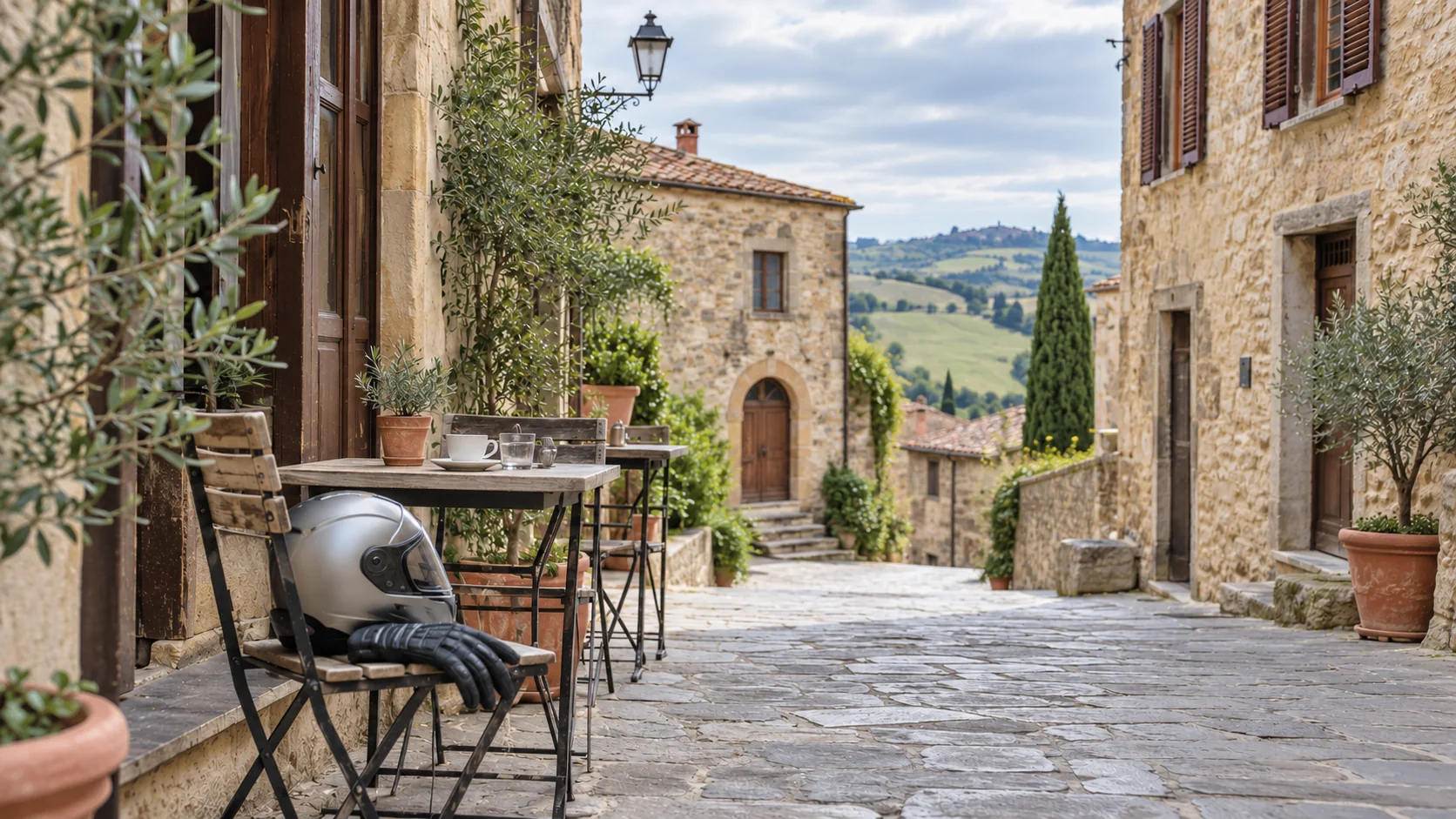 Motorcycle helmet and gloves on a chair beside cafe tables in a stone-paved village lane