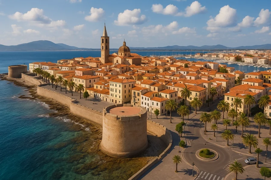 Aerial view of Alghero’s old town with medieval sea walls, palm-lined promenade and harbor on the Sardinian coast, Italy.