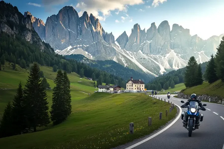 landscape of the Brenta Dolomites featuring lush valleys with motorcyclists riding along winding roads