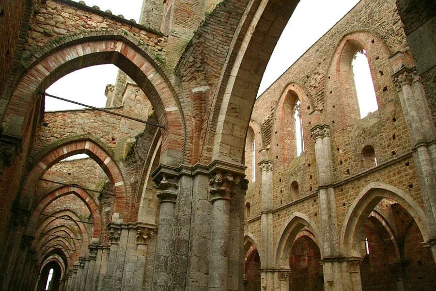The roofless Gothic ruins of San Galgano Abbey in Tuscany.